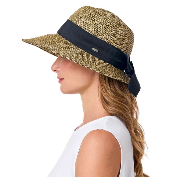 Coolibar Clara Asymmetrical Paper Braid Sun Hat Coffee w/ Black Ribbon UPF 50+ - Picture 1 of 13